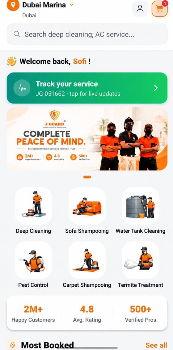 J-Guard app home screen showing services in Dubai Marina