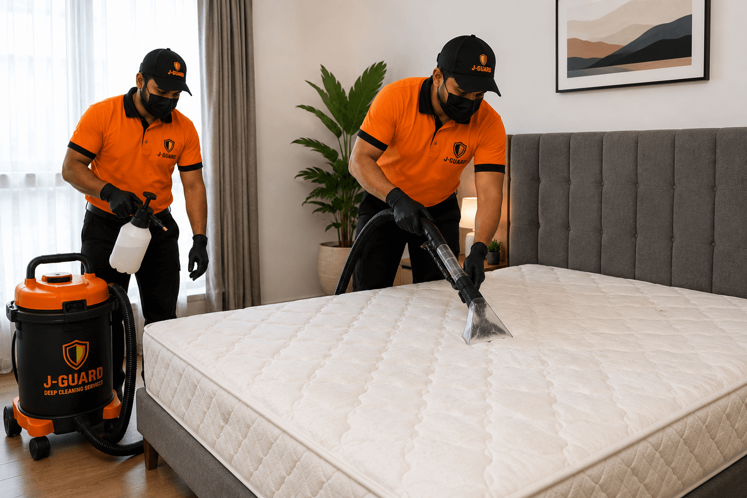 J-Guard technician shampoo-cleaning a mattress