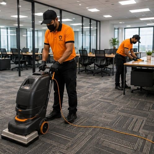 J-Guard crew cleaning an office with a floor machine